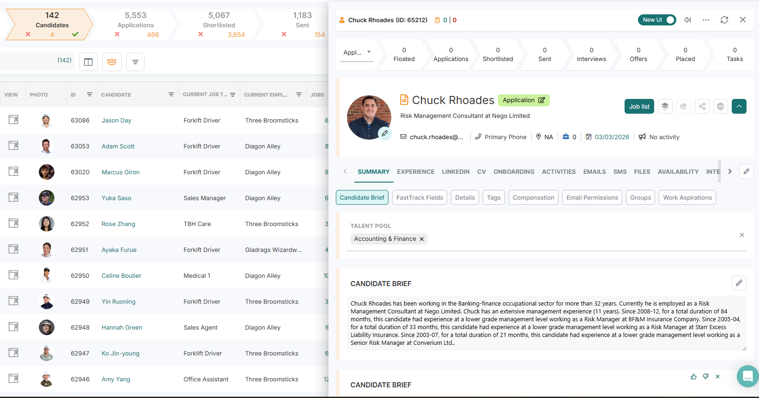 new candidate quick view access vincere evo
